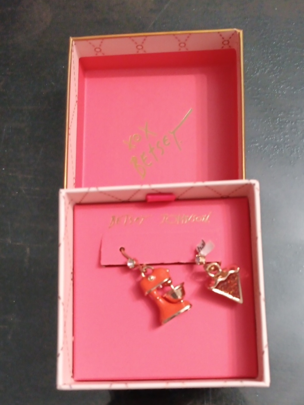 Betsey Johnson Orange Mixer and Purse Drop Earrings with Gold Accents